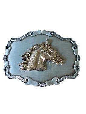 Vintage Horse Head Western Ornate Pewter Belt Buckle Raintree 70s Cowgirl Rodeo